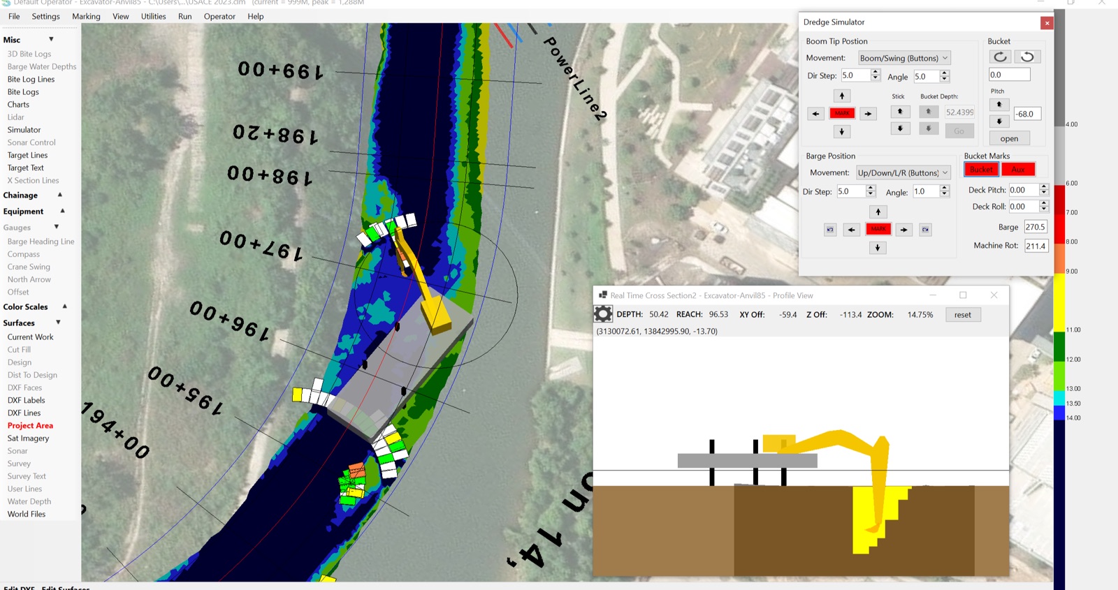ClamVision showing a color-scaled water depth surface over a channel and a real-time cross-section profile window with the excavator digging against grade.
