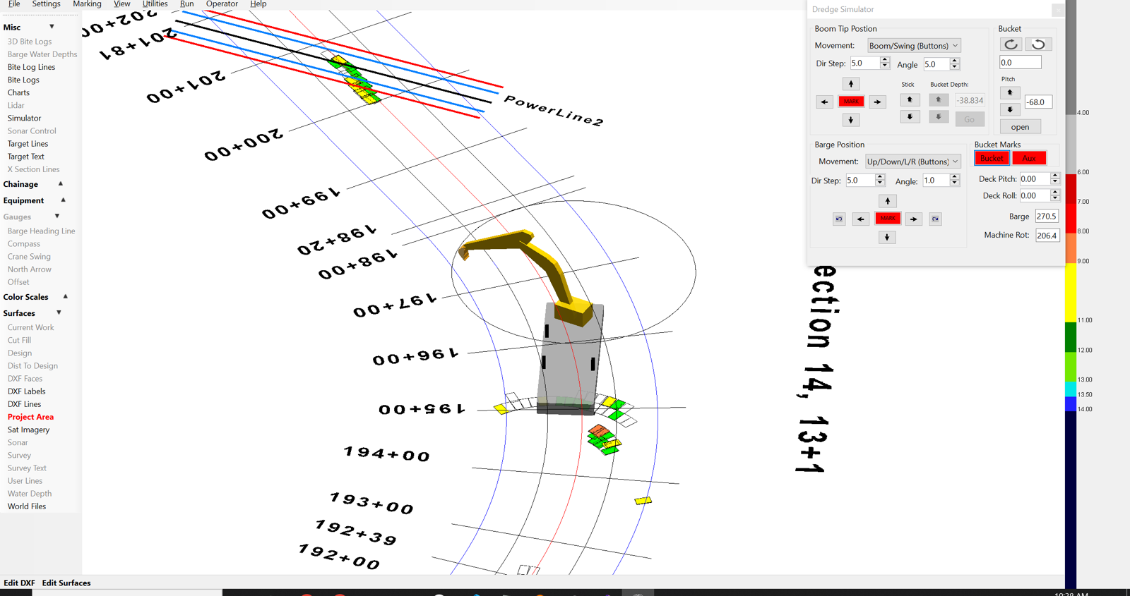 ClamVision 3D view of an excavator dredge on a barge working a curved channel with chainage stations and recorded bites.