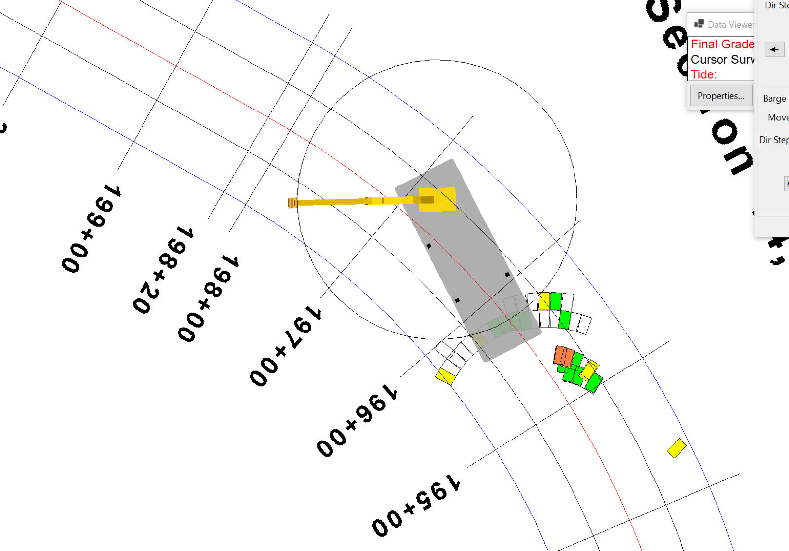 ClamVision plan view showing a barge with crane boom and swing arc over chainage stations, with recorded bite footprints color-coded by depth.