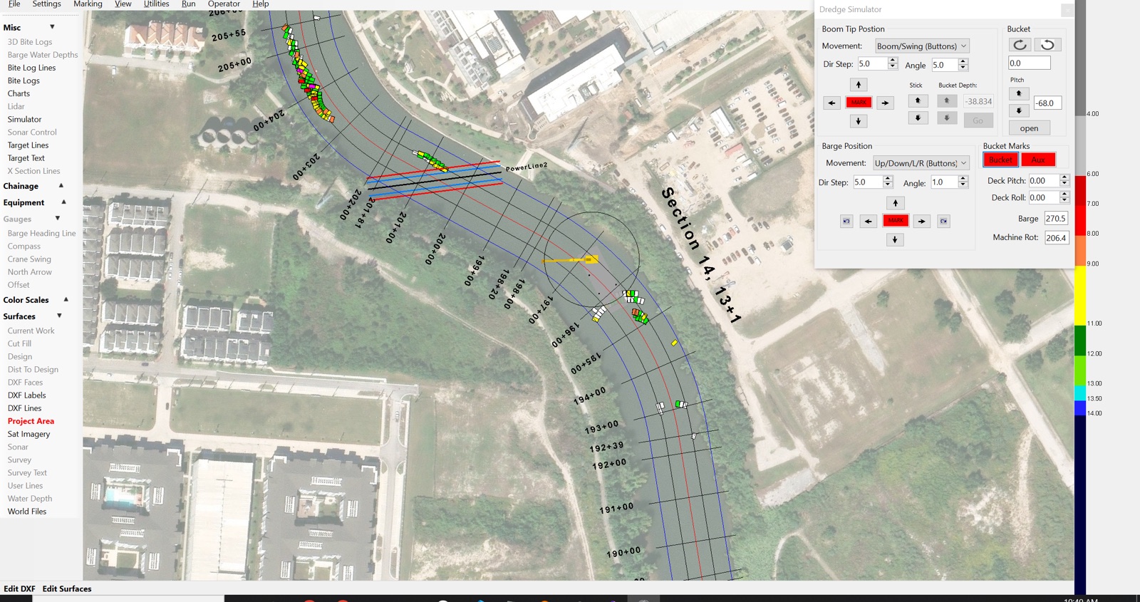 ClamVision plan view showing satellite imagery of a river channel with chainage stations, design lines, a live barge model with swing arc, and color-coded bite footprints.